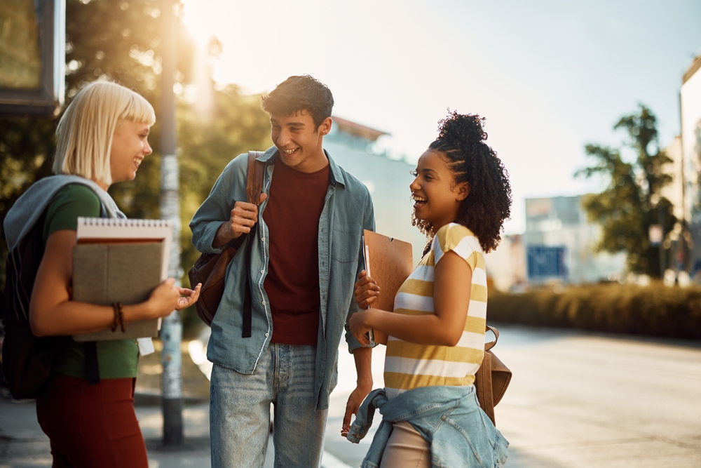 college students talking, university town