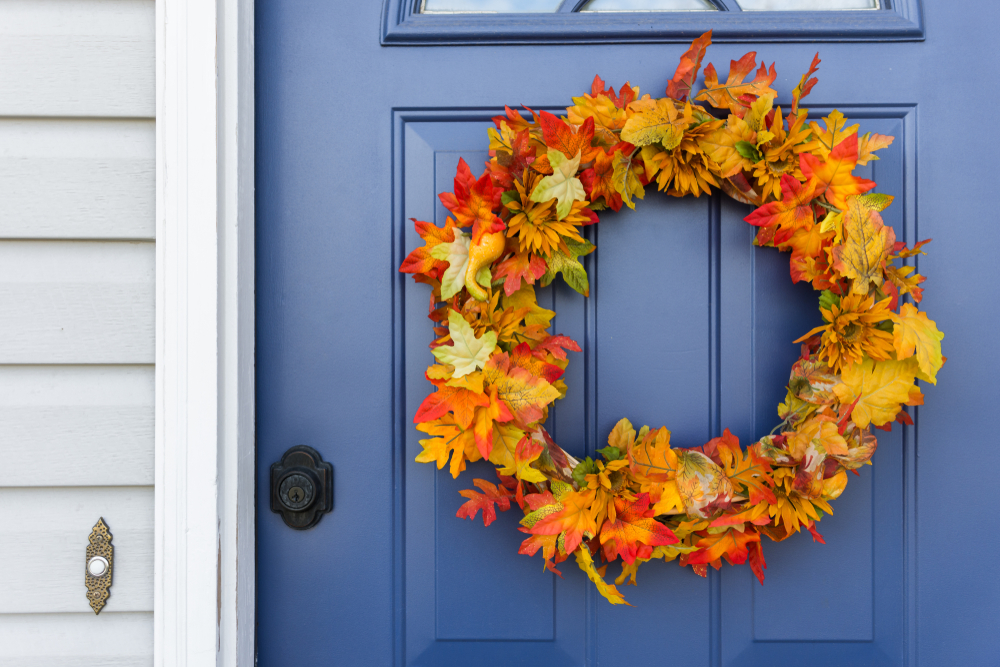 Front door, blue door, home, decorative autumn wreath