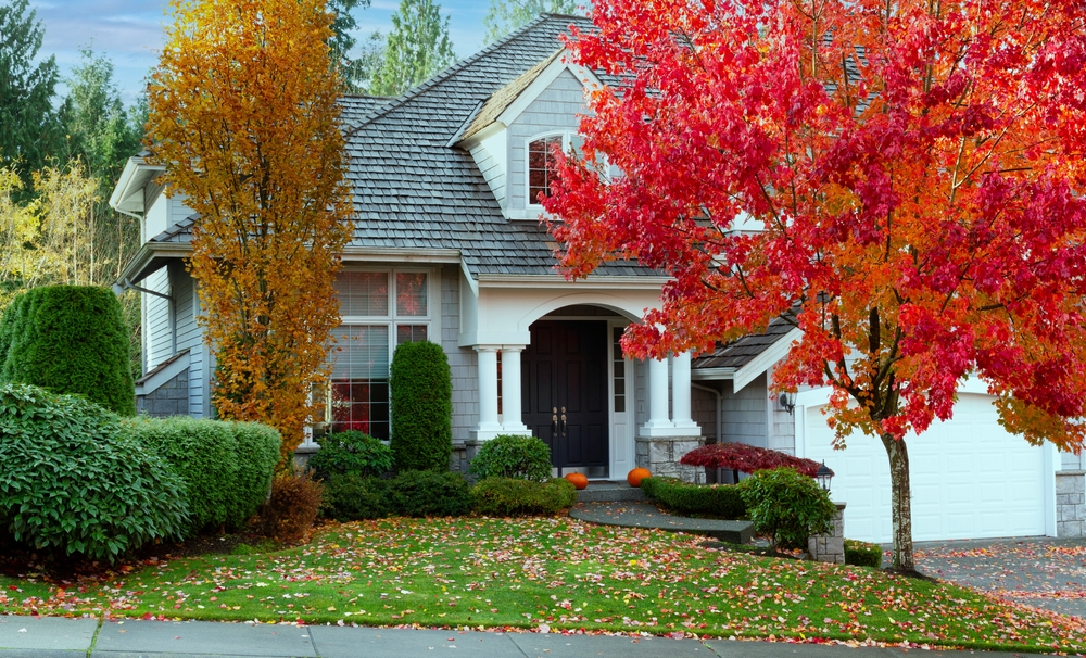 home exterior, autumn, colorful fall leaves