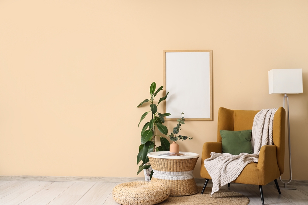 home interior, armchair side table houseplant, decor trends