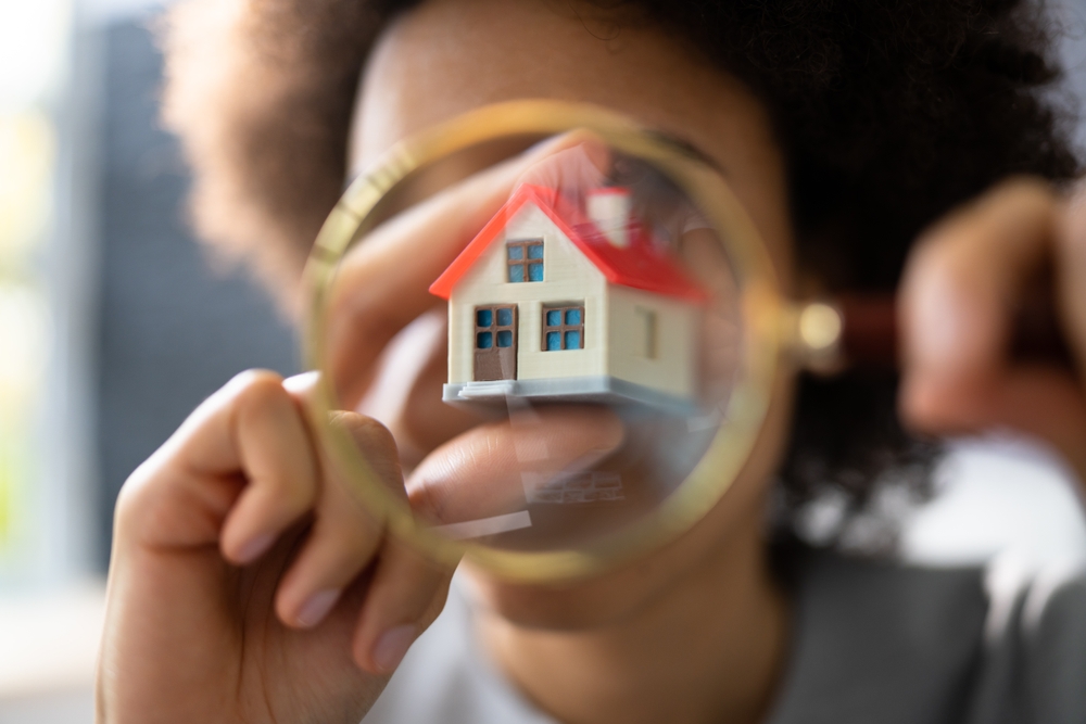 woman with looking glass, house, real estate appraisal